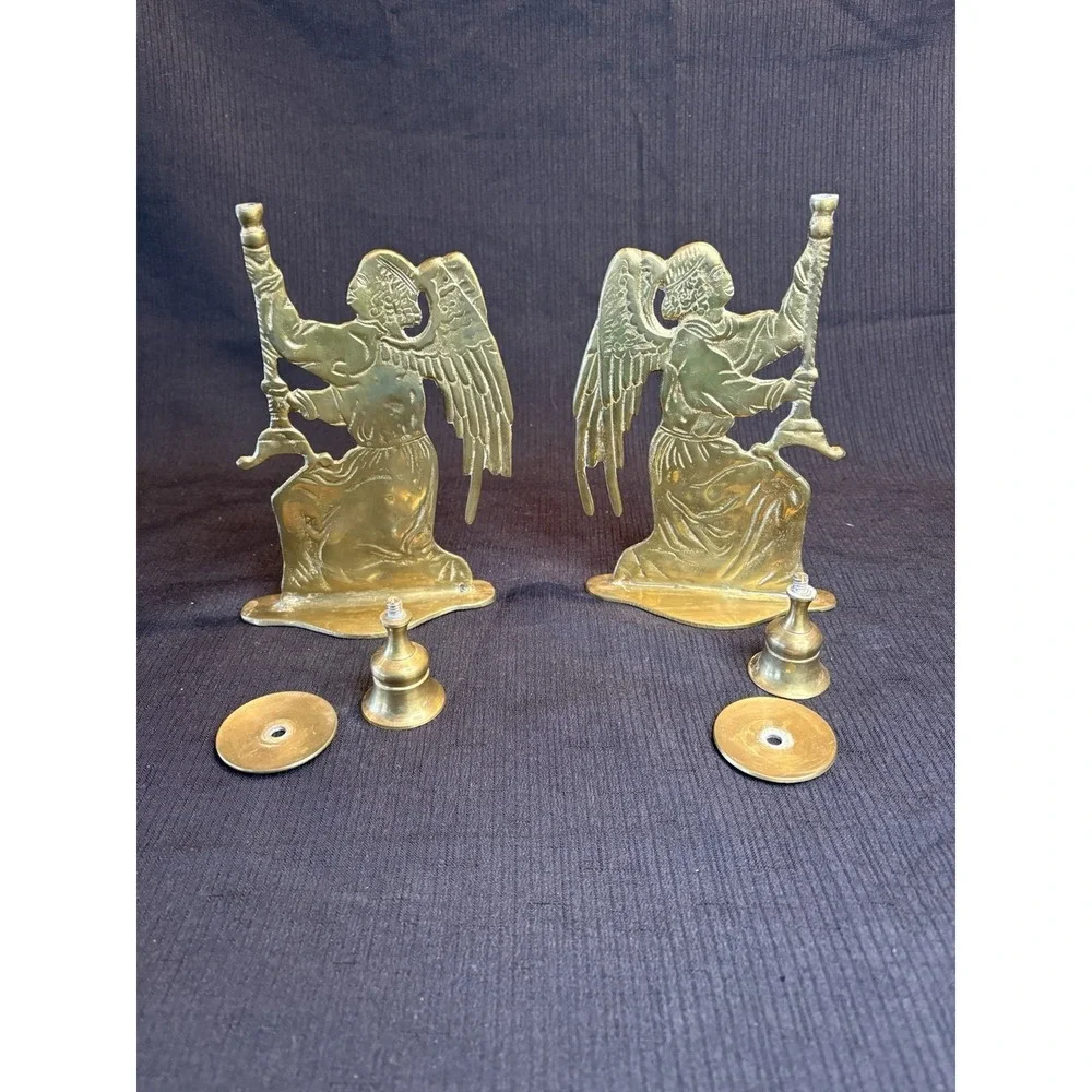 Vtg Pair Solid Brass Angel Taper Candle Stick Holders Double Sided 9